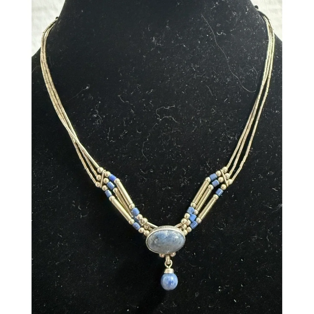Vintage 70s / 80s Multi Strand Liquid Silver and Lapis Lazuli Q.T. Necklace 925